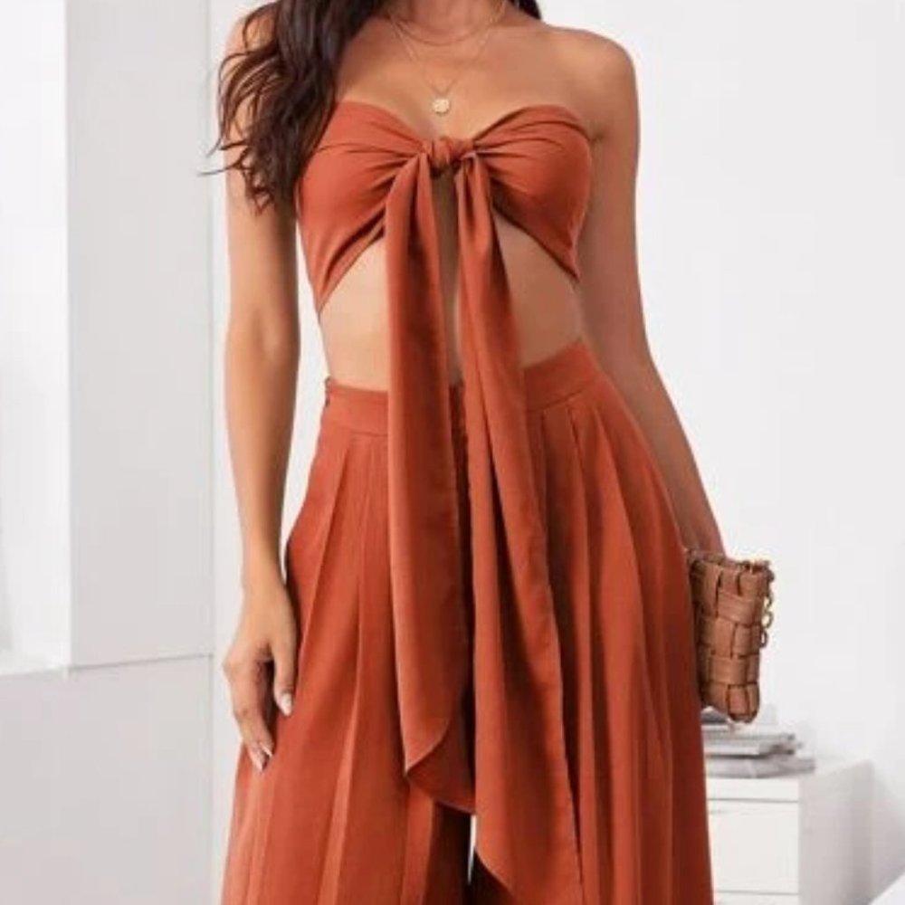 Boho 2 Piece Tie Front Tube Top & Pleated Wide Leg Pants Set  burnt orange - Picture 7 of 12